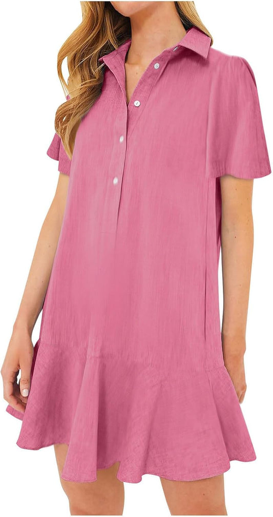 Women‘s Sleeveless Shirt Dress Ruffle Hem Tank Dress Button V Neck Swing Shift Mini Dresses Lapel Collar Tunic Dress