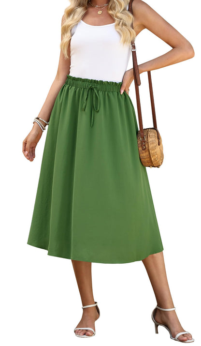 WEACZZY Women's Flowy Midi Skirt Drawstring Elastic A-Line Pleated Design | Two Side Pockets, High-Waist, Lightweight Stretch Polyester, Breathable Comfortable, Casual Beach, Work & Party Summer Skirt