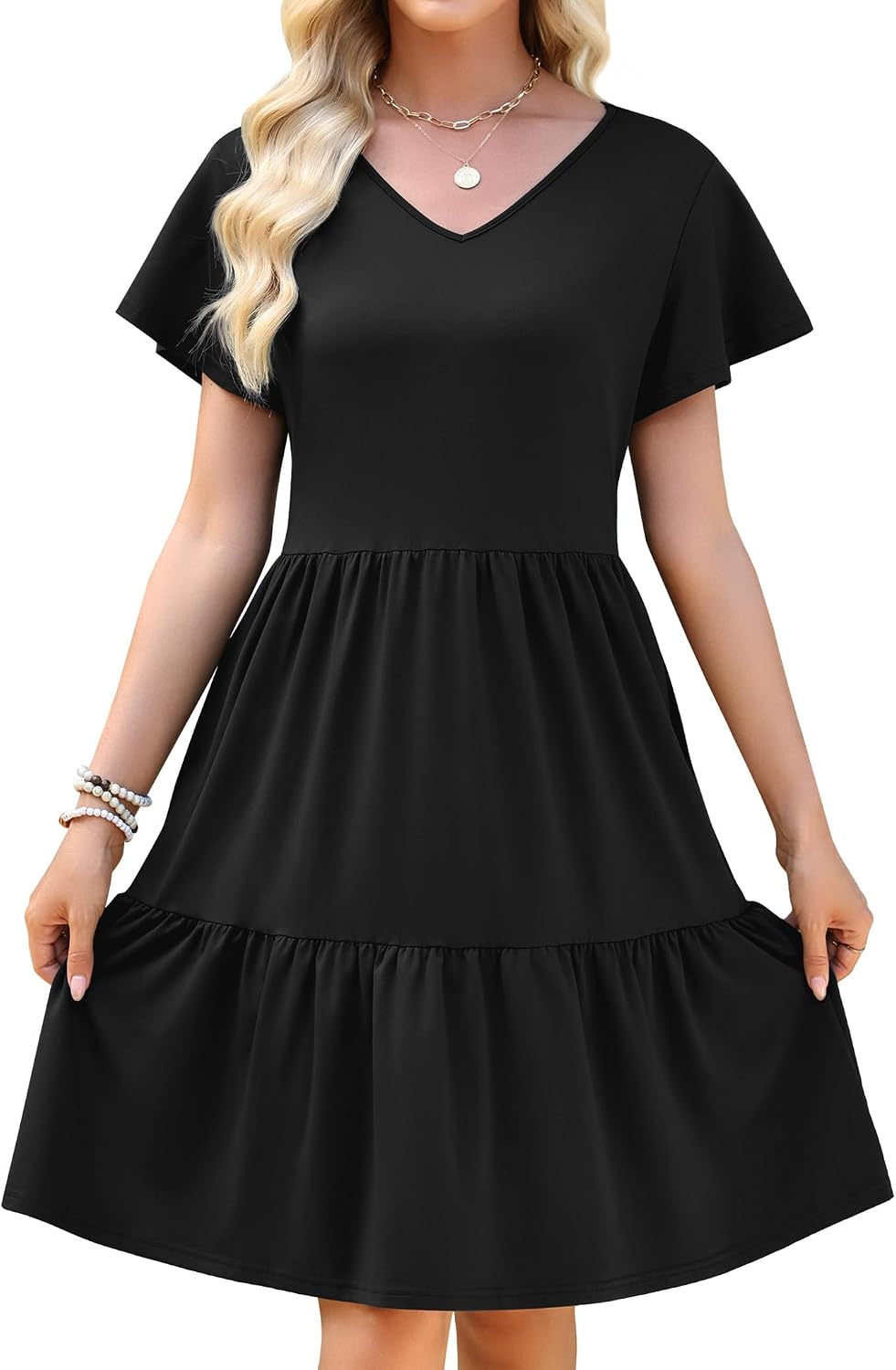 WEACZZY Womens Casual Summer Dress V Neck Ruffle Sleeve A Line Dresses Flowy with Pockets 2026