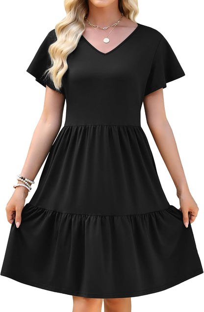 WEACZZY Womens Casual Summer Dress V Neck Ruffle Sleeve A Line Dresses Flowy with Pockets 2026
