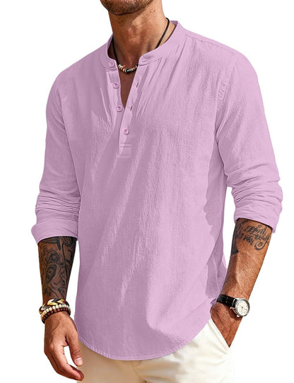 Men's Linen Shirts Henley T-Shirts Long Sleeve Casual Beach T-Shirts Solid Tops Shirts for Men