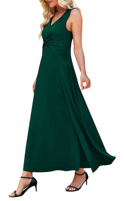 WEACZZY Women's Formal Maxi Dress Sleeveless Pleated Cocktail Evening Gown | Deep V-neck, Slimming, Flowing, Elegant, Double Splits, Lightweight Stretch, Polyester Blend, Does Not Show Through