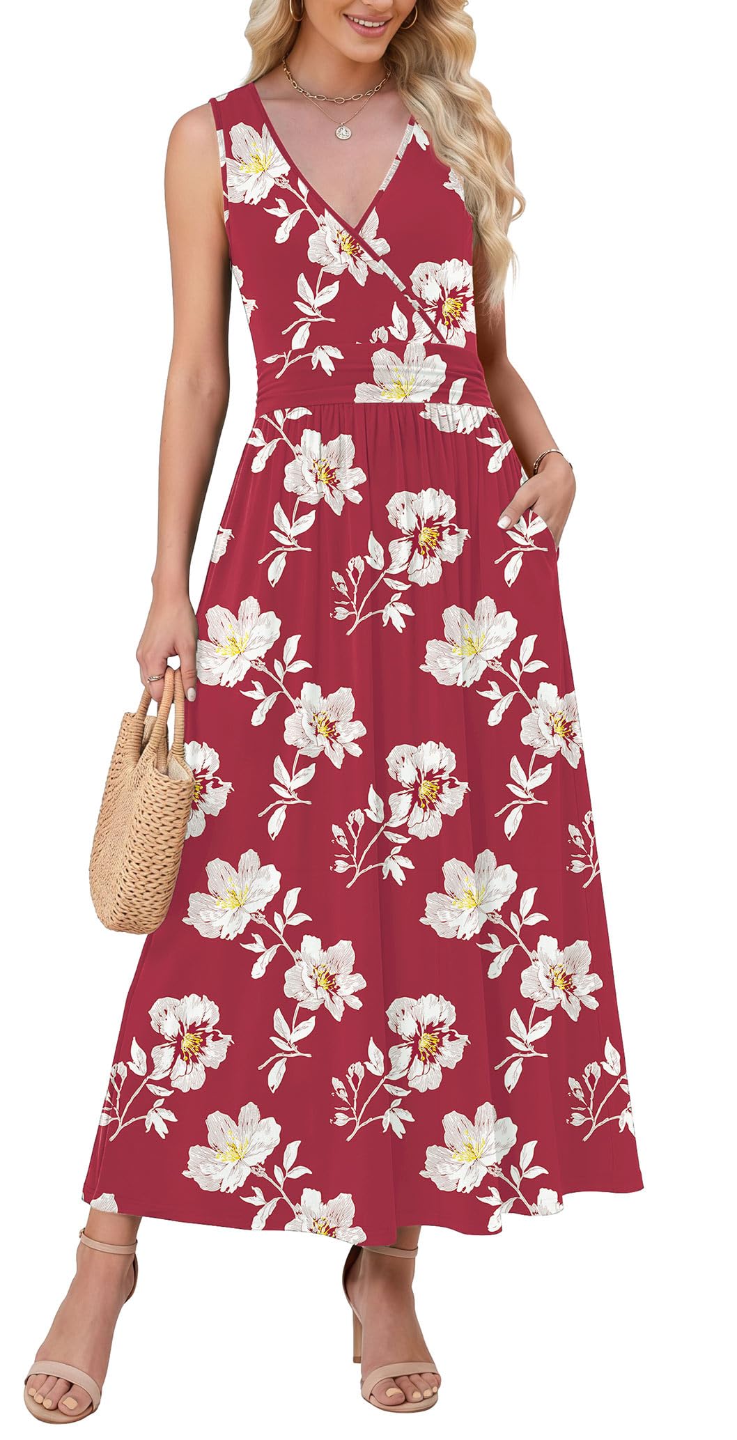 WEACZZY Women's Maxi Dress Sleeveless V Neck Sundress Cocktail Long Dresses with Pockets