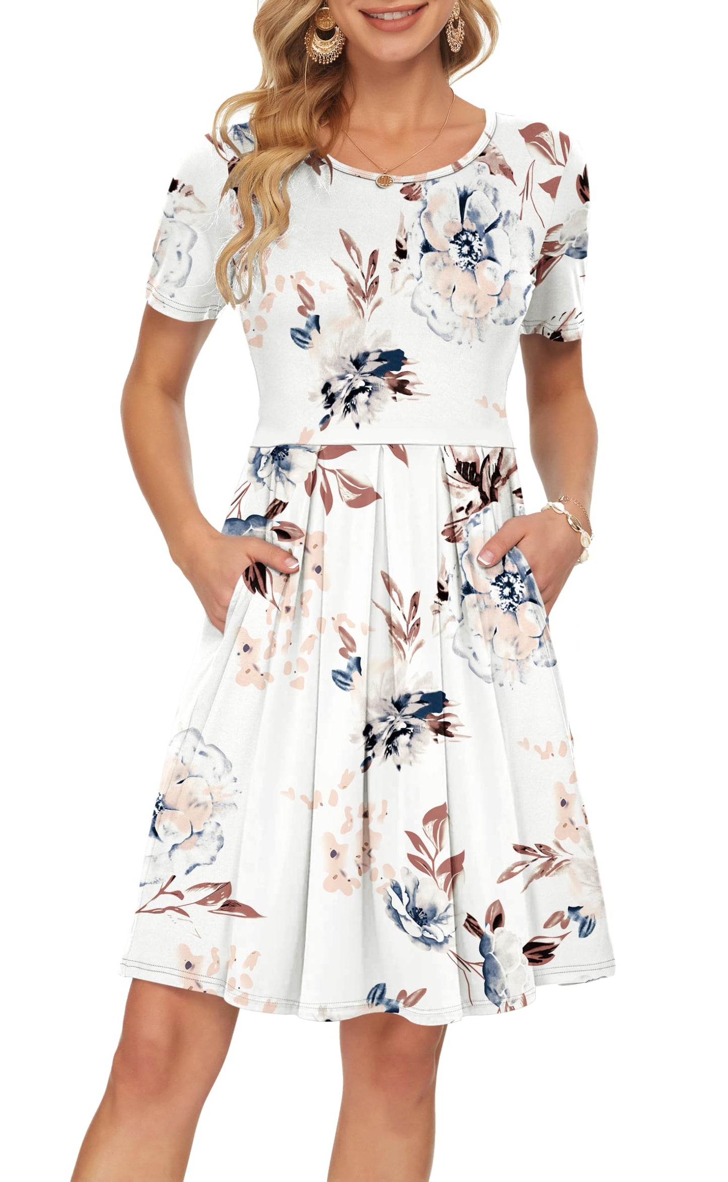 AUSELILY Women's Short Sleeve Summer Dress Pleated Loose Swing Knee Length Dresses with Pockets 2026 New