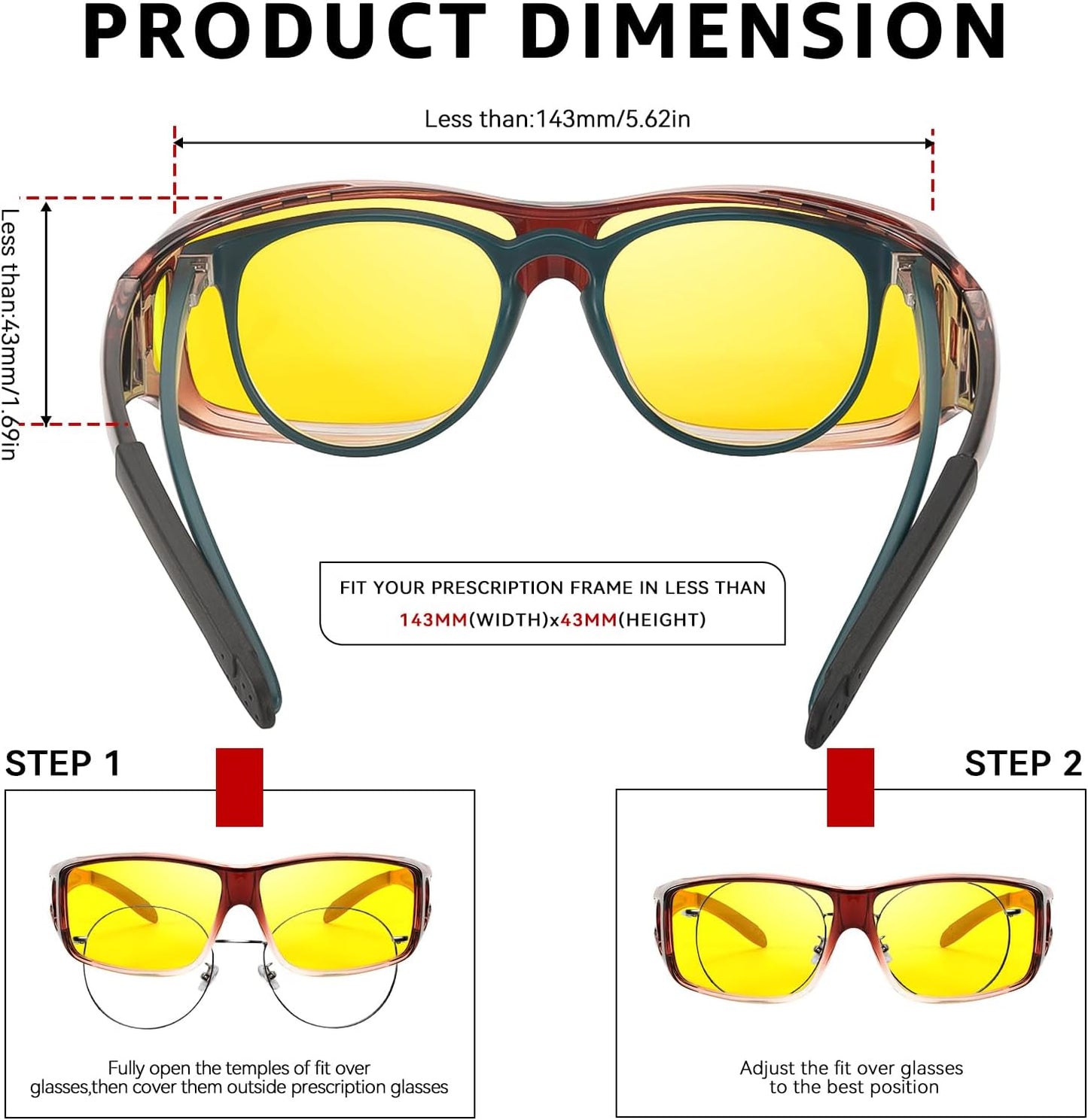 TJUTR 2 Pack Night Vision Driving Glasses Fit Over Eyeglasses for Men Women, Anti Glare Polarized Night Time Yellow Lens