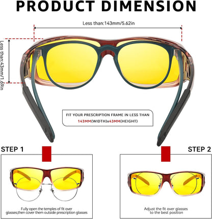 TJUTR 2 Pack Night Vision Driving Glasses Fit Over Eyeglasses for Men Women, Anti Glare Polarized Night Time Yellow Lens