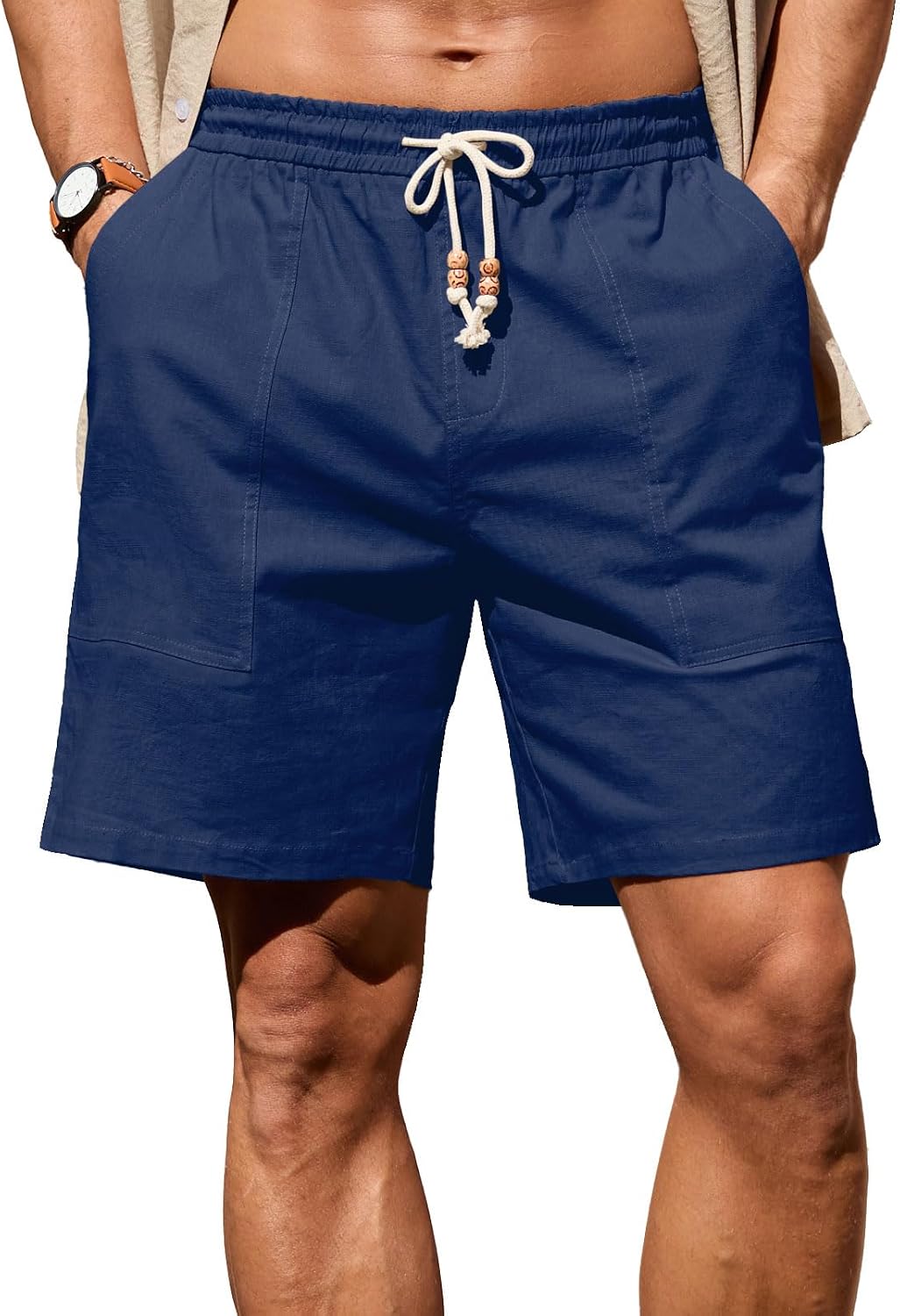 Sailwind Men's Linen Cotton Shorts 7" Elastic Waist Drawstring Casual Summer Beach Shorts