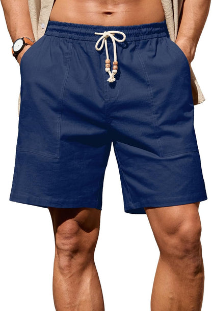 Sailwind Men's Linen Cotton Shorts 7" Elastic Waist Drawstring Casual Summer Beach Shorts