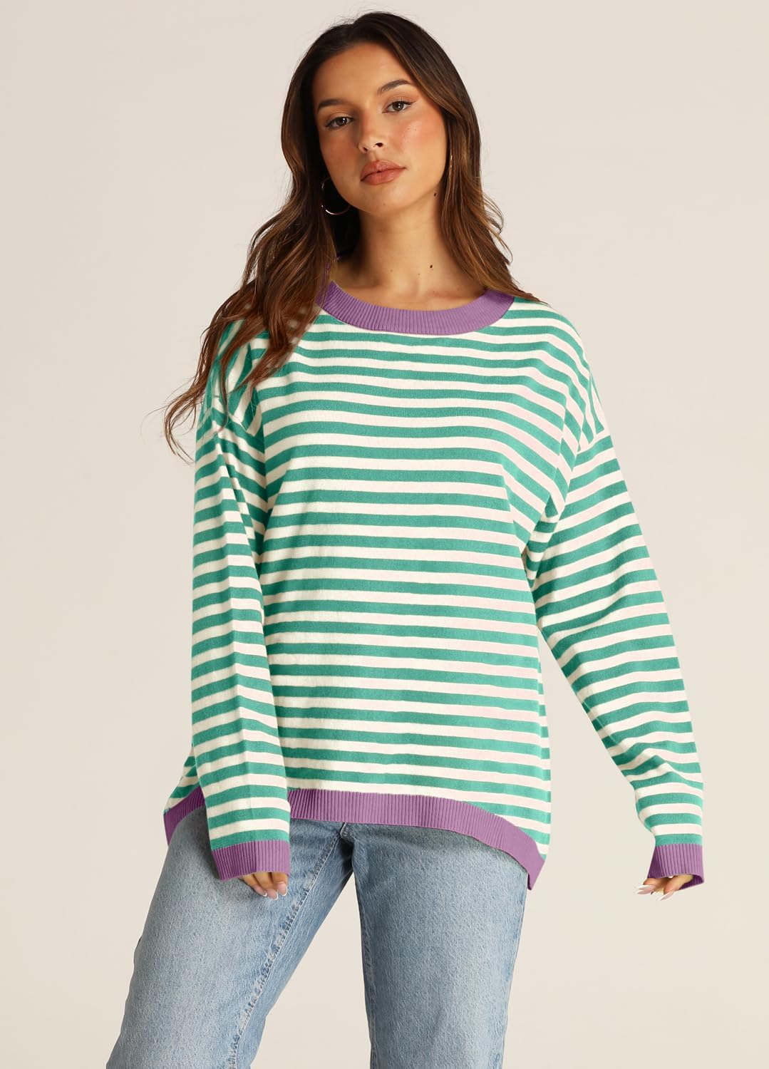 YEXIPO Womens Sweaters Striped 2024 Fall Long Sleeve Crewneck Casual Knit Lightweight Oversized Pullover Sweater Tops