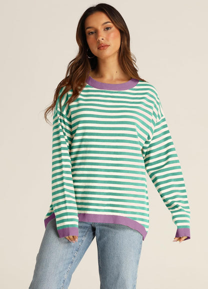 YEXIPO Womens Sweaters Striped 2024 Fall Long Sleeve Crewneck Casual Knit Lightweight Oversized Pullover Sweater Tops