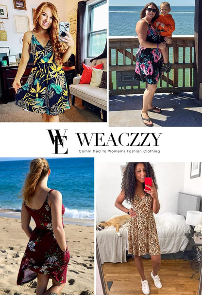 WEACZZY Women's 2026 Summer Dresses V Neck Spaghetti Strap Sundress Casual Beach Flowy Mini Dress with Pockets