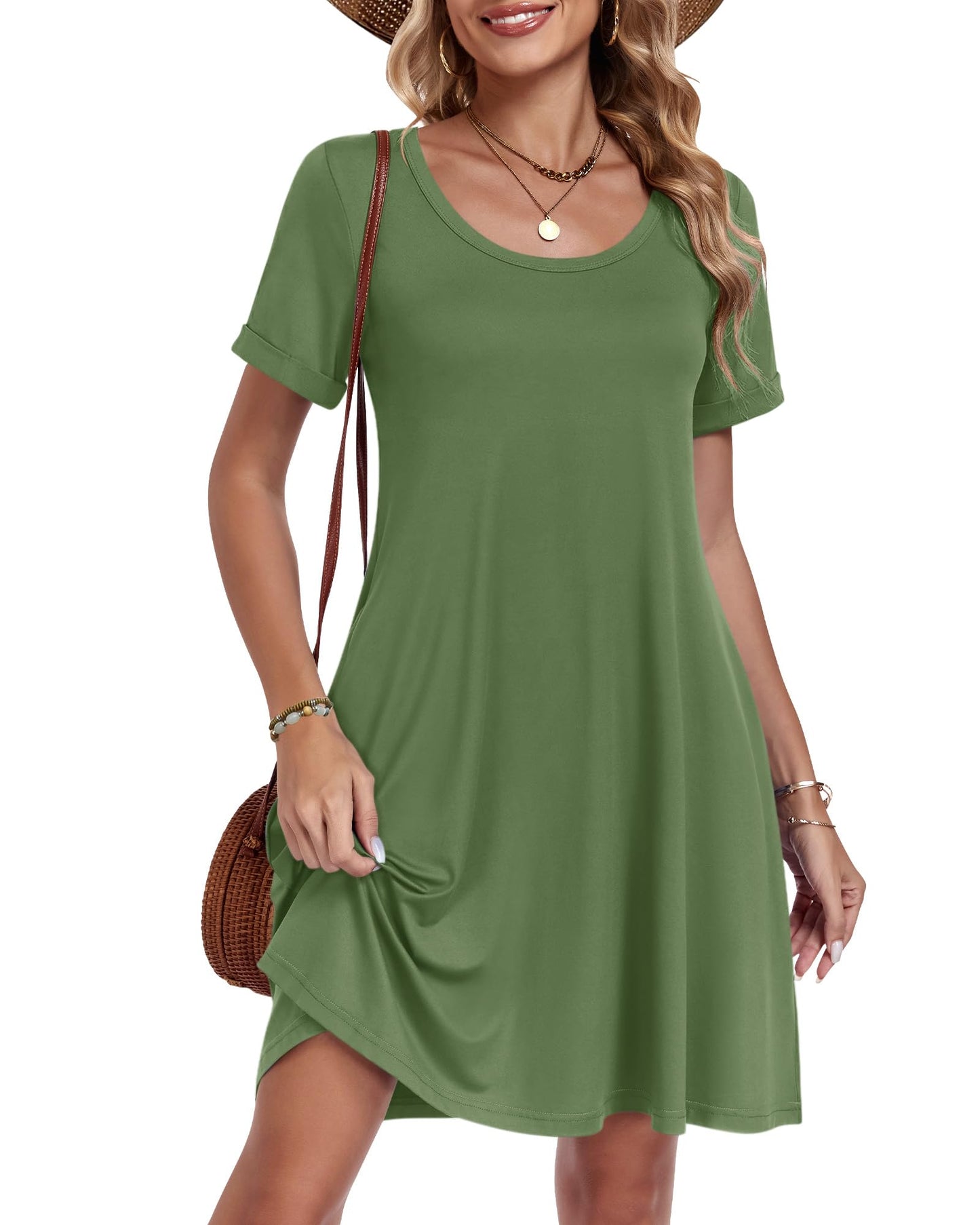 AUSELILY Women's Summer Casual Dresses 2026 Short Sleeve Swing Beach Floral T-Shirt Dress with Pockets