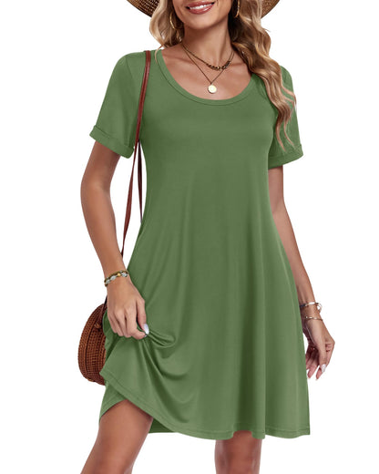 AUSELILY Women's Summer Casual Dresses 2026 Short Sleeve Swing Beach Floral T-Shirt Dress with Pockets