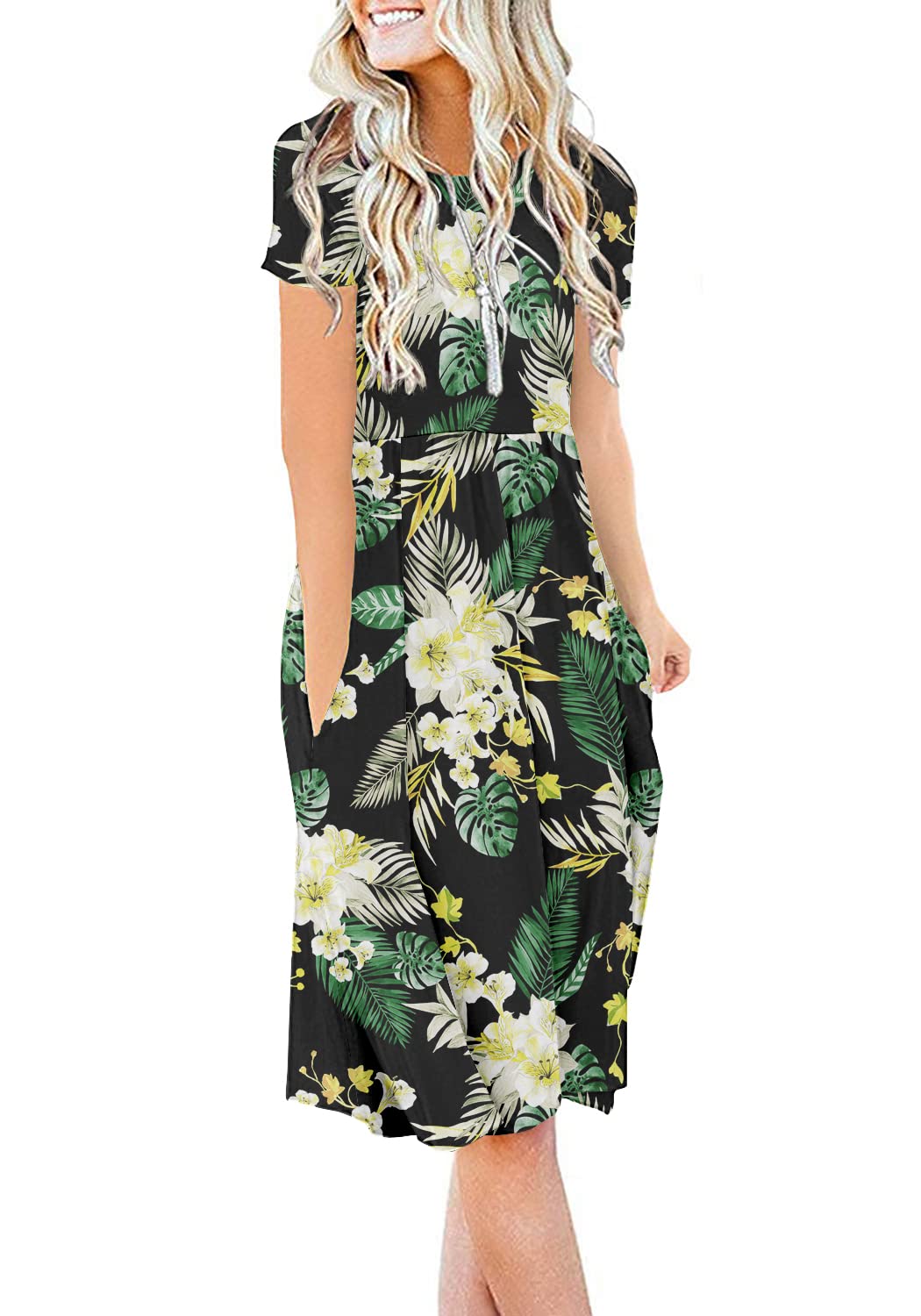 DB MOON Women Summer Casual Short Sleeve Dresses Empire Waist Dress with Pockets
