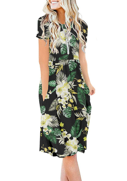 DB MOON Women Summer Casual Short Sleeve Dresses Empire Waist Dress with Pockets