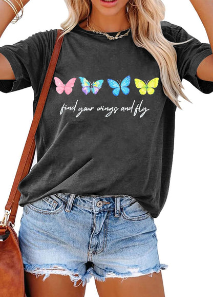 YEXIPO Womens Graphic Tees Short Sleeve Summer Tops Funny Letter Print Crew Neck Casual Loose Cute T Shirts