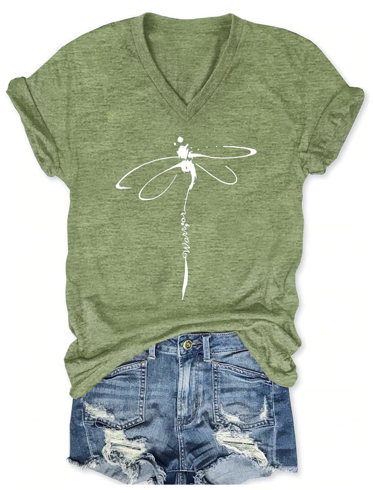 Women's T-Shirts V-Neck Dragonfly Tee Cute Summer Graphic Shirts Vintage Boho Flowers Short Sleeve T Shirt