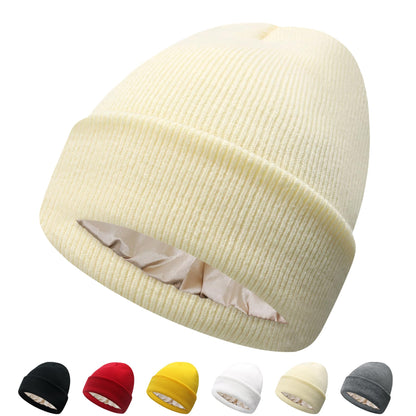 PFFY Satin Lined Beanie for Women Silk Lining Soft Winter Hats Reduce Frizz Knit Beanies Warm Skull Cap