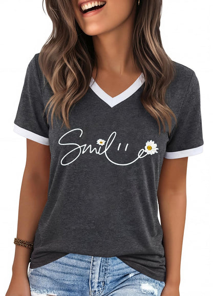 YEXIPO Womens T Shirts Graphic Tees Spring Short Sleeve V Neck Funny Letter Print Casual Loose Cute Summer Tops