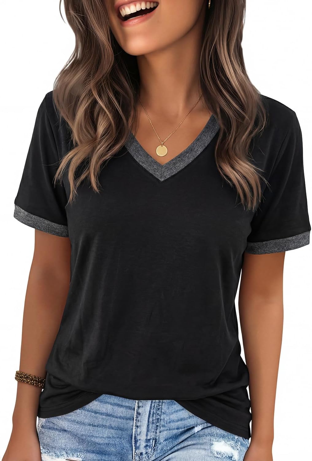 YEXIPO Womens T Shirts Graphic Tees Spring Short Sleeve V Neck Funny Letter Print Casual Loose Cute Summer Tops