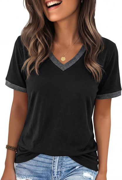 YEXIPO Womens T Shirts Graphic Tees Spring Short Sleeve V Neck Funny Letter Print Casual Loose Cute Summer Tops