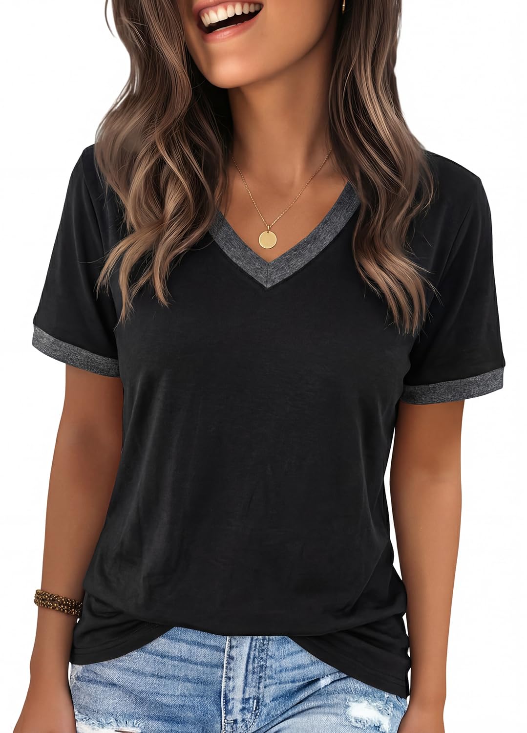 YEXIPO Womens T Shirts Graphic Tees Spring Short Sleeve V Neck Funny Letter Print Casual Loose Cute Summer Tops