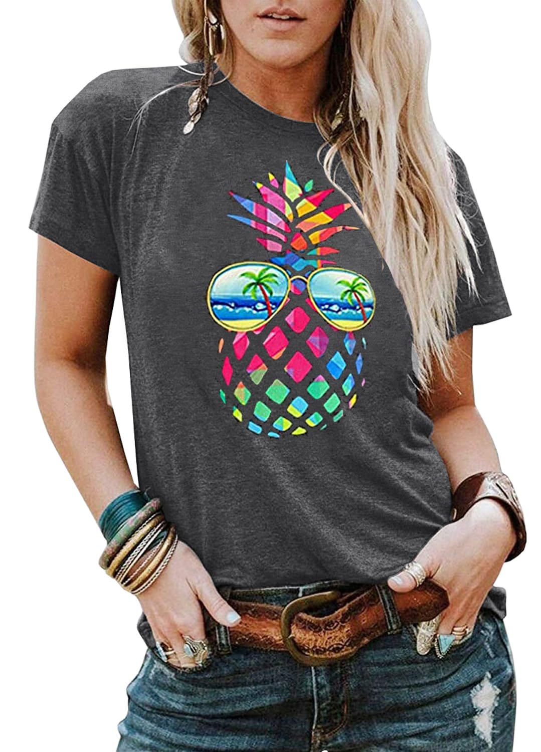 YEXIPO Womens Graphic Tees Short Sleeve Summer Tops Funny Letter Print Crew Neck Casual Loose Cute T Shirts