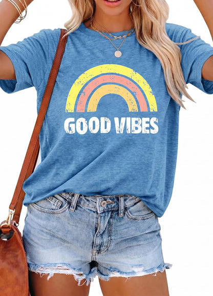 YEXIPO Womens Graphic Tees Short Sleeve Summer Tops Funny Letter Print Crew Neck Casual Loose Cute T Shirts