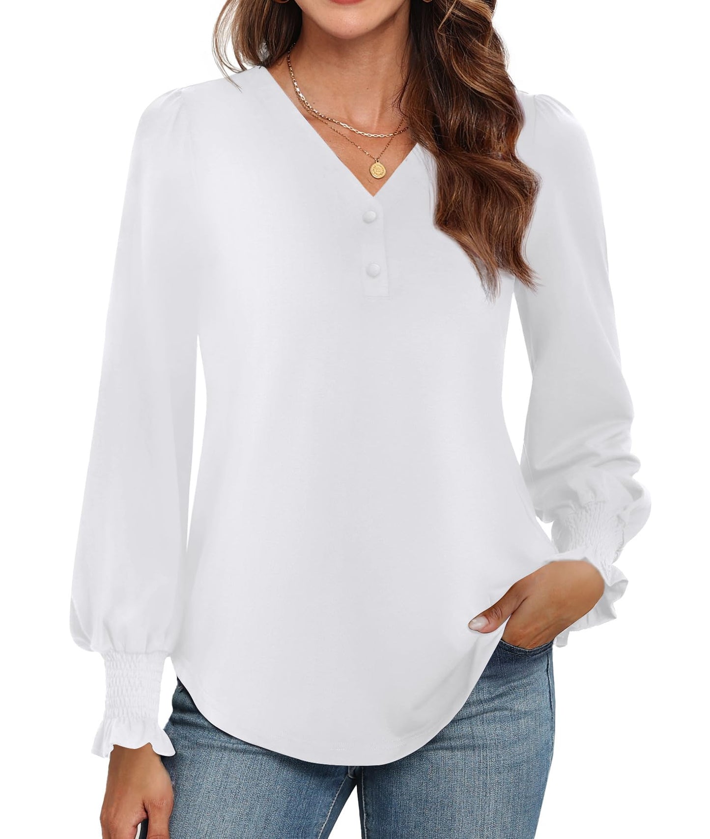WEACZZY Womens Tops Long Sleeve Fall Shirts for Women Dressy Casual Button V Neck Tunic Blouse Ruffle Cuffs T-Shirts 2026
