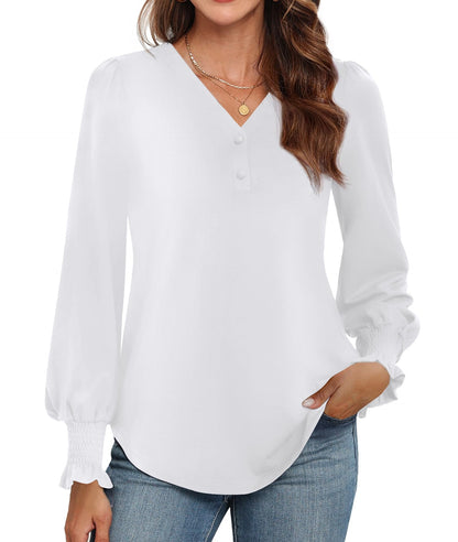 WEACZZY Womens Tops Long Sleeve Fall Shirts for Women Dressy Casual Button V Neck Tunic Blouse Ruffle Cuffs T-Shirts 2026