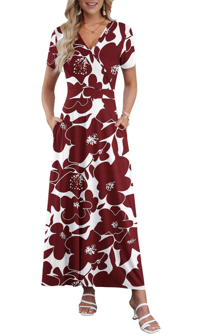 AUSELILY Maxi Dresses for Women Ankle Length Floral Print Beach Long Flowy Dress with Pockets