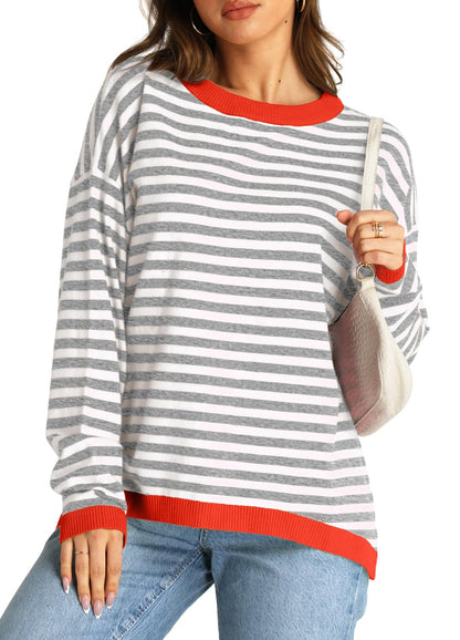 YEXIPO Womens Sweaters Striped 2024 Fall Long Sleeve Crewneck Casual Knit Lightweight Oversized Pullover Sweater Tops