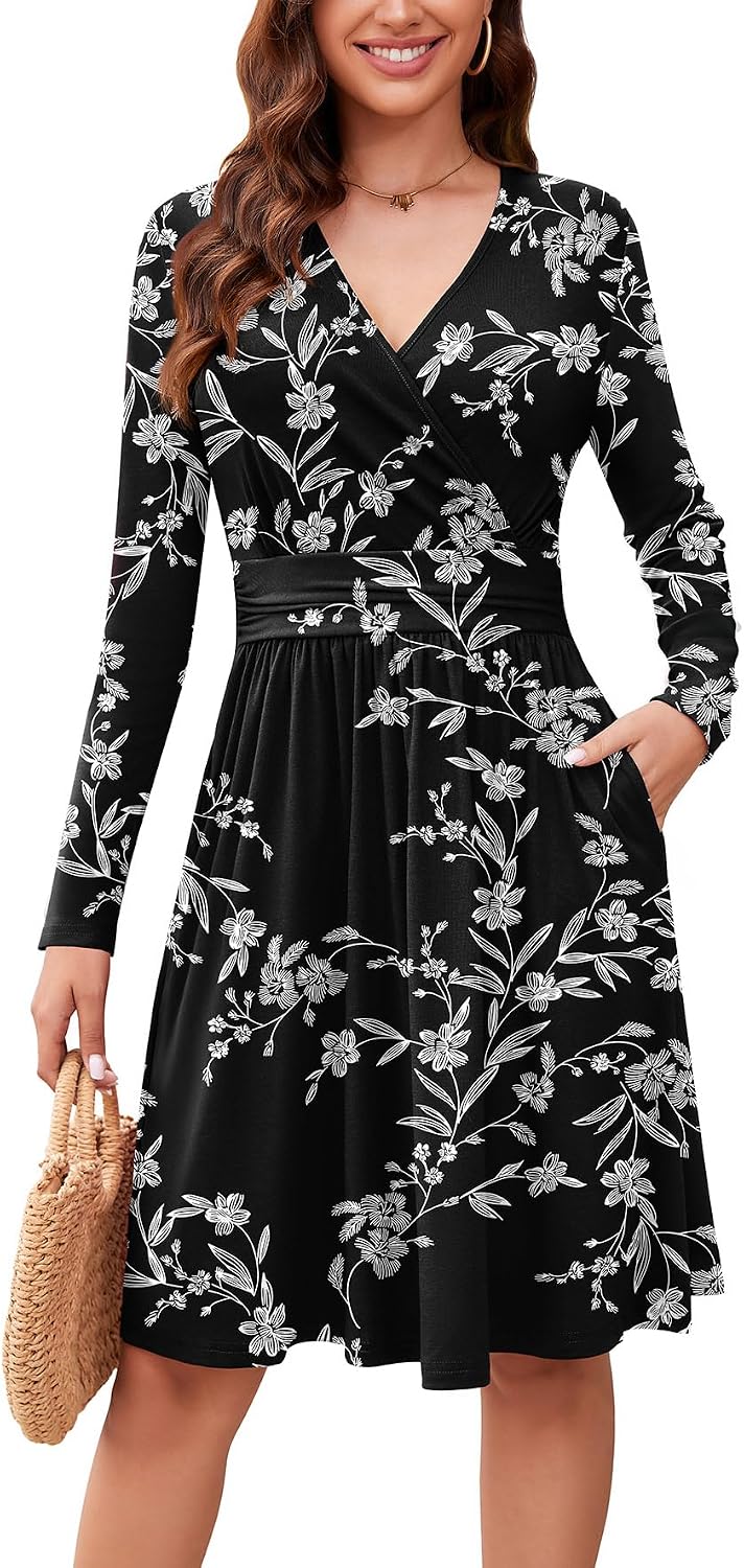 WEACZZY Women's Long Sleeve Casual Fall Dresses V-Neck Swing Floral Party Dress with Pockets 2026