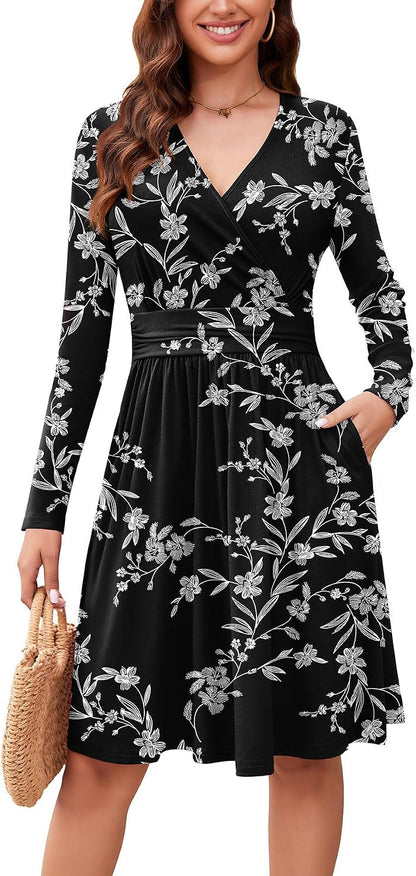 WEACZZY Women's Long Sleeve Casual Fall Dresses V-Neck Swing Floral Party Dress with Pockets 2026