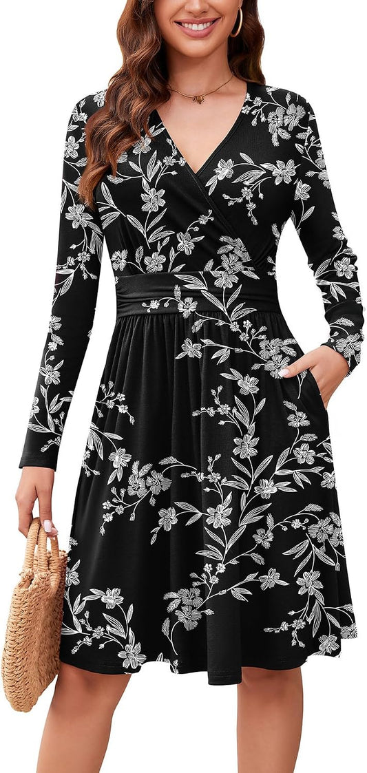 WEACZZY Women's Long Sleeve Casual Fall Dresses V-Neck Swing Floral Party Dress with Pockets 2026