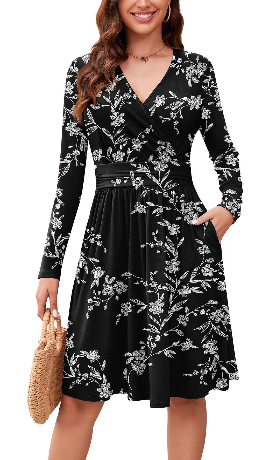 WEACZZY Women's Long Sleeve Casual Fall Dresses V-Neck Swing Floral Party Dress with Pockets 2026