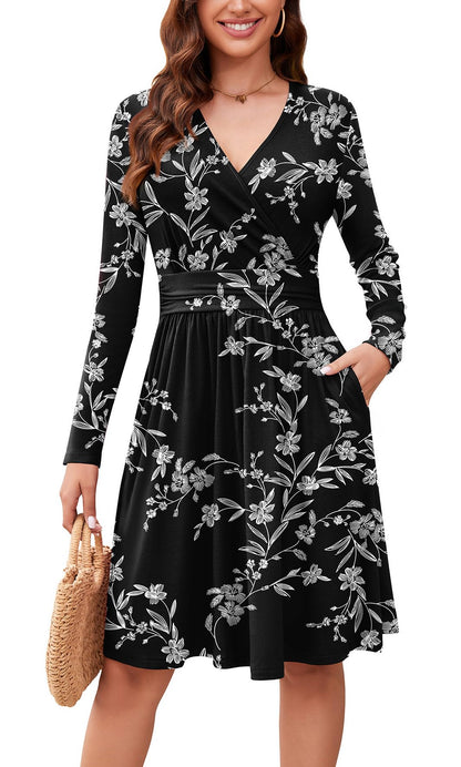 WEACZZY Women's Long Sleeve Casual Fall Dresses V-Neck Swing Floral Party Dress with Pockets 2026