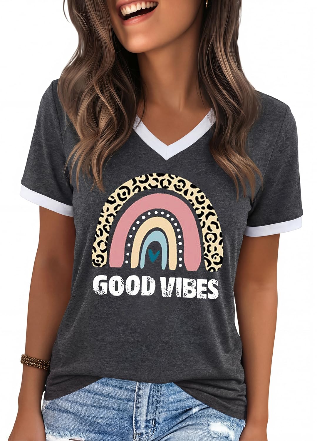 YEXIPO Womens T Shirts Graphic Tees Spring Short Sleeve V Neck Funny Letter Print Casual Loose Cute Summer Tops