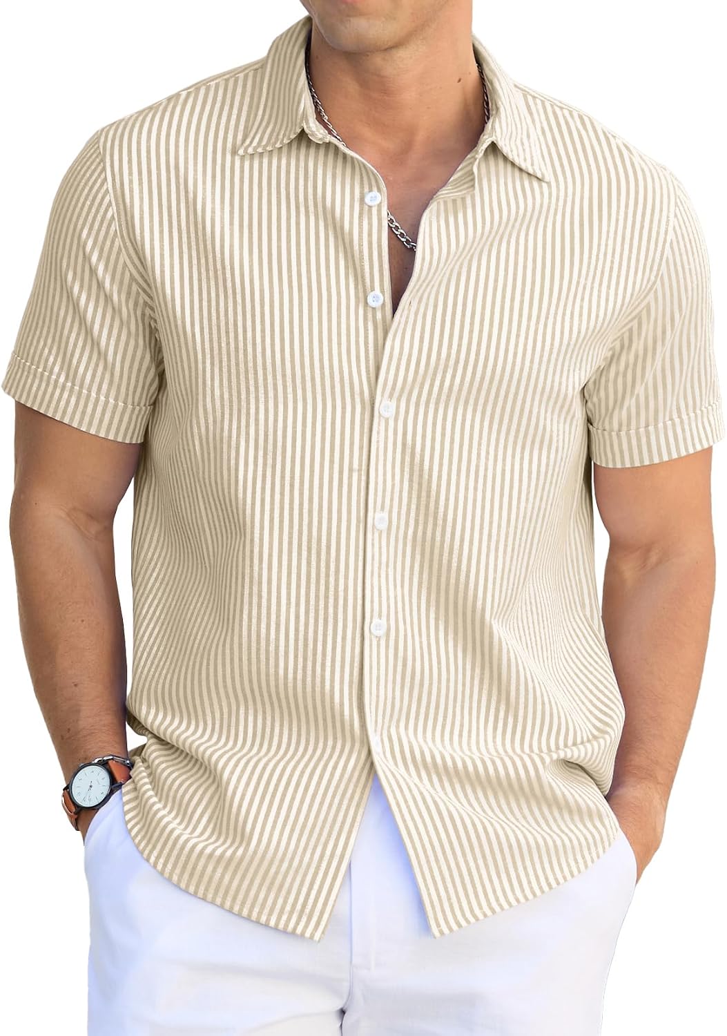 Sailwind Men's Casual Button Down Shirts Short Sleeve Striped Cotton Beach Summer Vacation Shirt