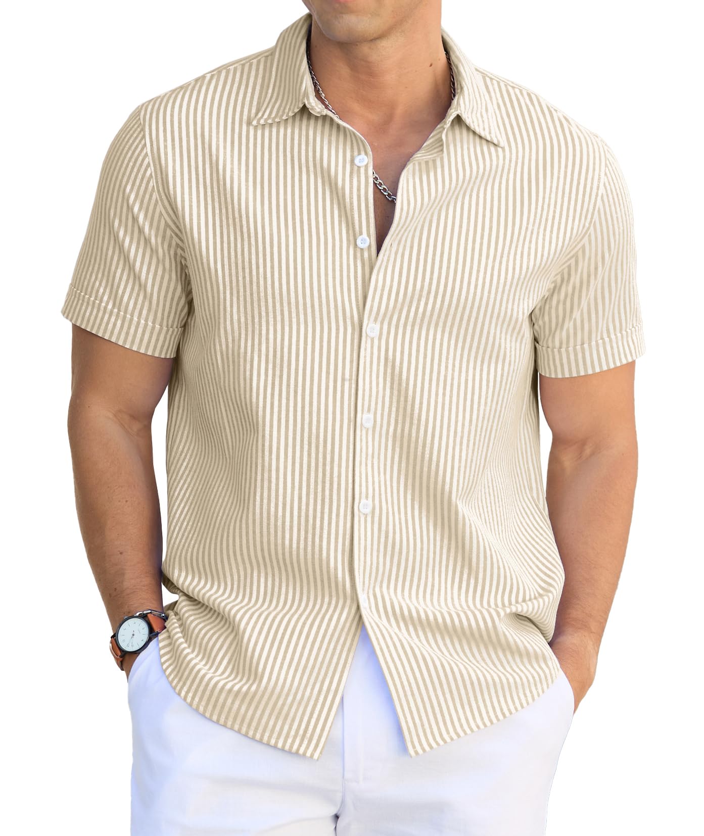 Sailwind Men's Casual Button Down Shirts Short Sleeve Striped Cotton Beach Summer Vacation Shirt