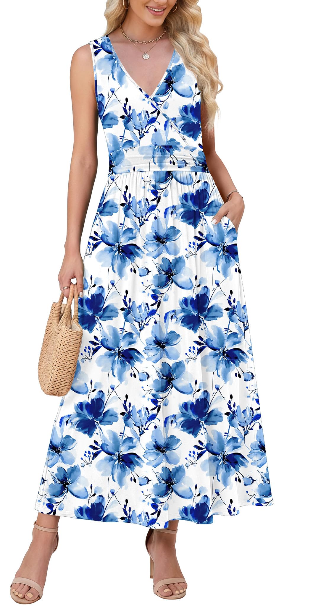 WEACZZY Women's Maxi Dress Sleeveless V Neck Sundress Cocktail Long Dresses with Pockets