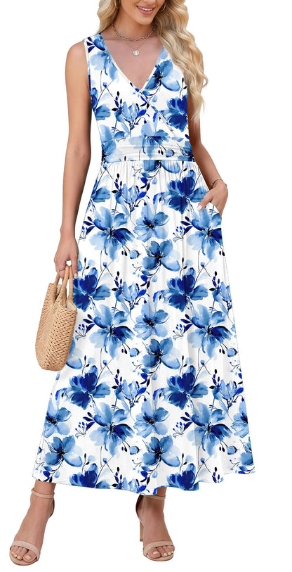 WEACZZY Women's Maxi Dress Sleeveless V Neck Sundress Cocktail Long Dresses with Pockets