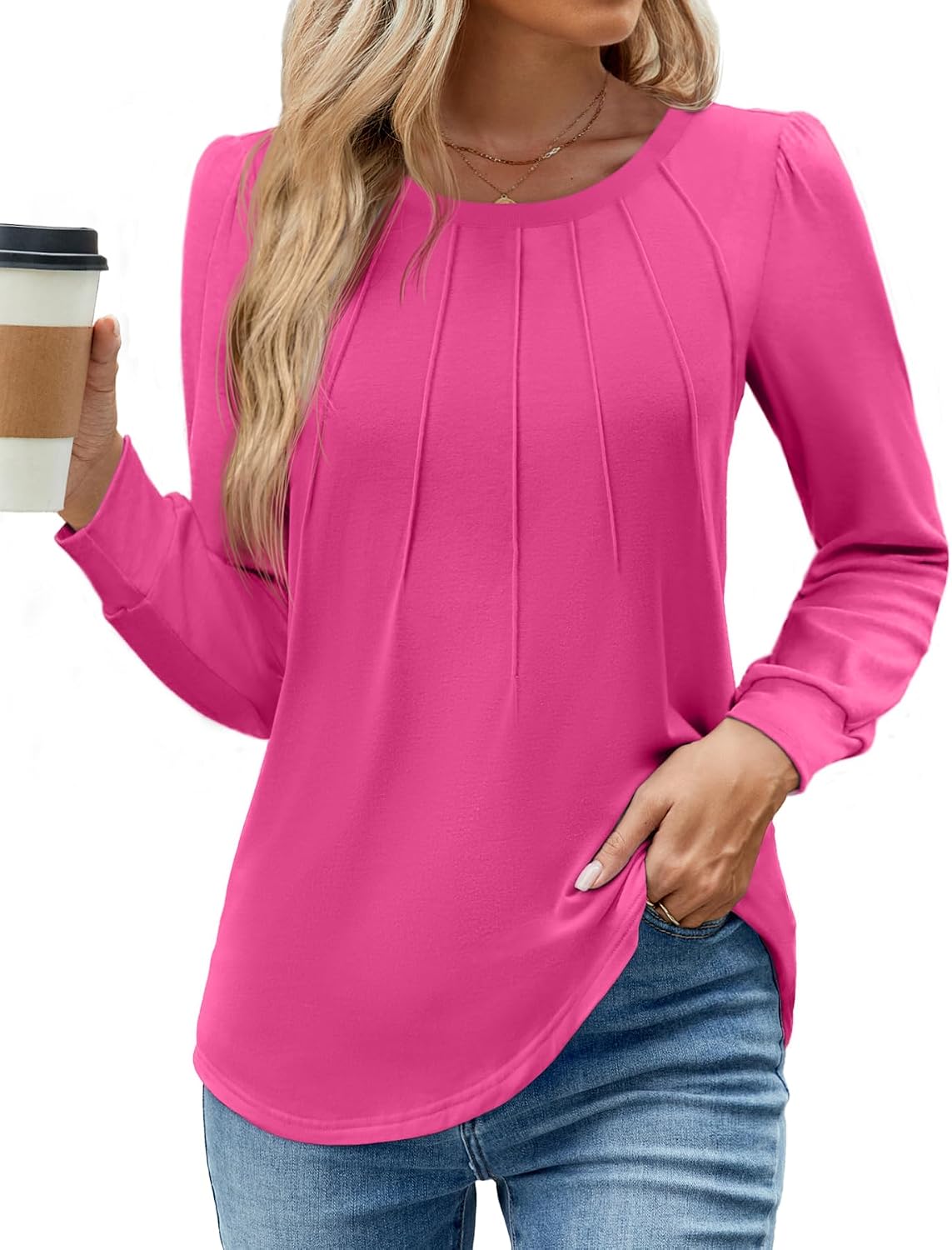 WEACZZY Women Long Sleeve Shirts Crew Neck Tunic Tops Soft Casual Blouses Creased Design Curved Side Hem Fashion Outfits 2026