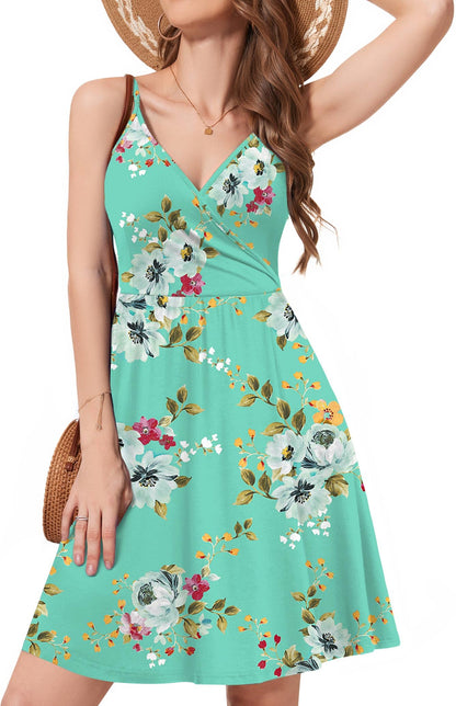 WEACZZY Women's 2026 Summer Dresses V Neck Spaghetti Strap Sundress Casual Beach Flowy Mini Dress with Pockets