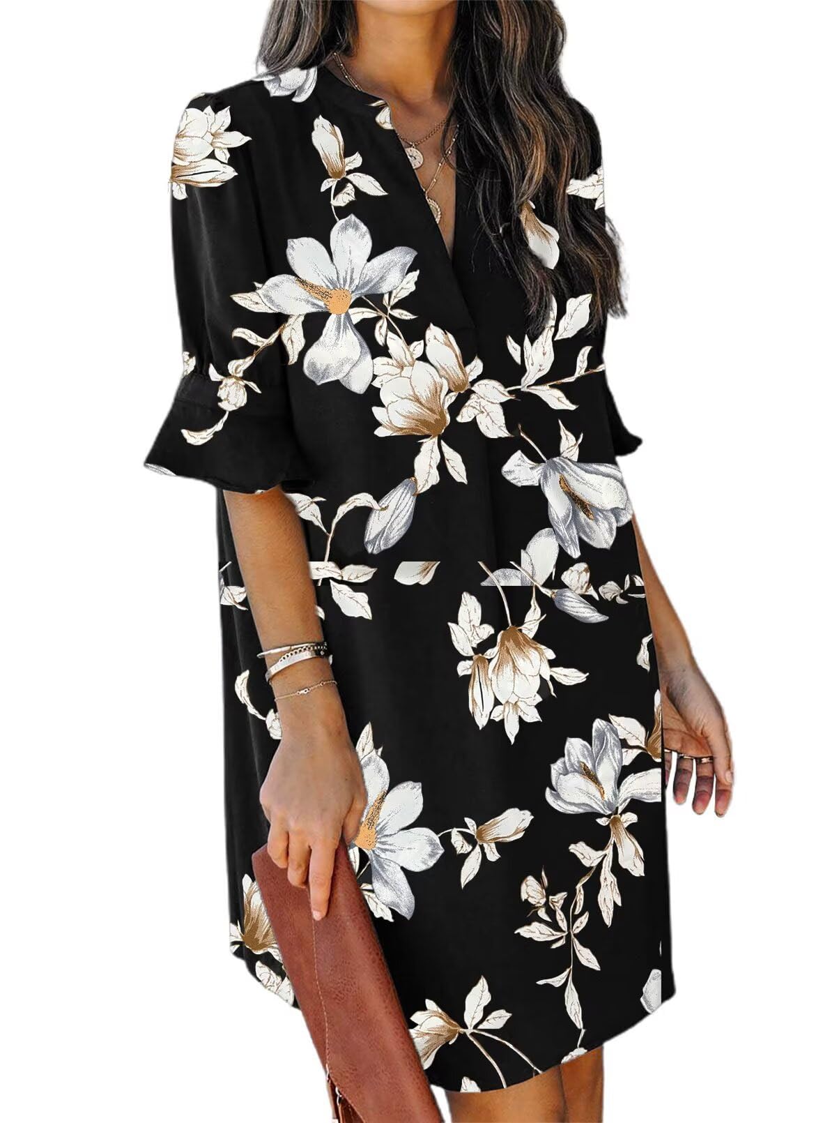 QACOHU Summer Dresses for Women V Neck Ruffle Short Sleeve Casual Shift Dress