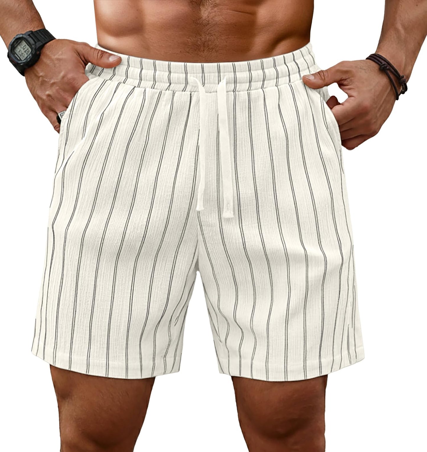 Sailwind Mens Striped Casual 7" Shorts Summer Beach Elastic Waist Drawstring Shorts with Pockets