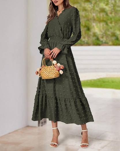 BTFBM Women Fall Maxi Dresses 2026 Long Sleeve V Neck Swiss Dots High Waisted A-Line Ruffle Boho Long Dress Vacation