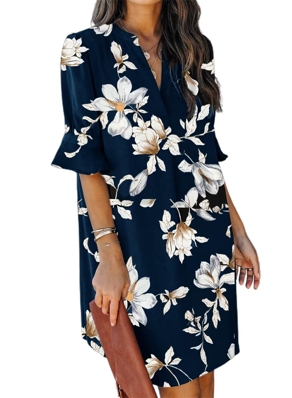 QACOHU Summer Dresses for Women V Neck Ruffle Short Sleeve Casual Shift Dress