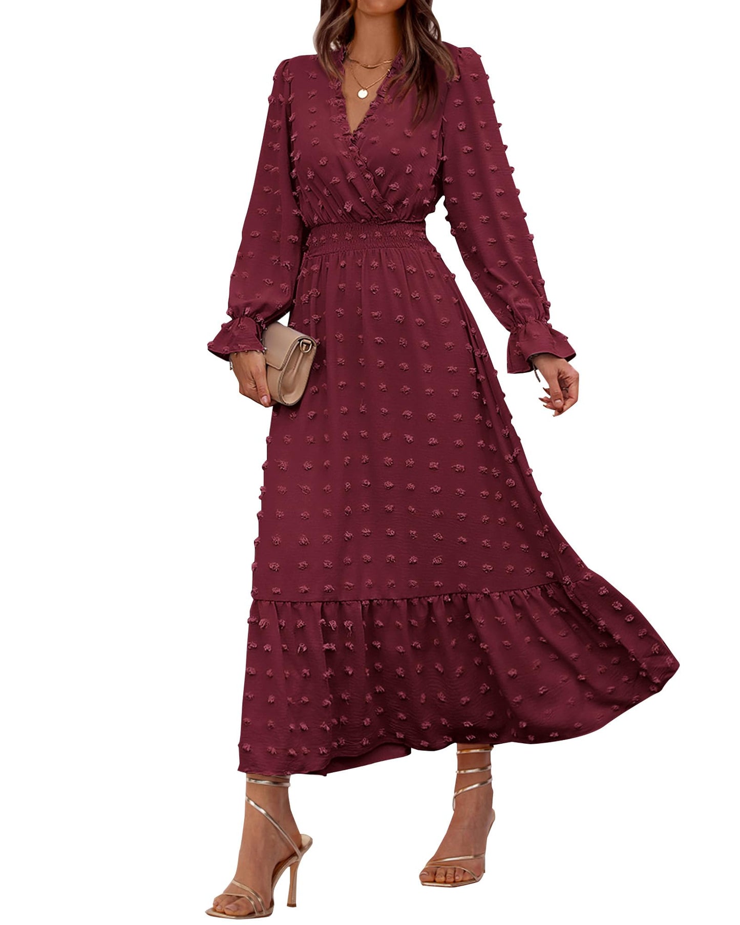 BTFBM Women Fall Maxi Dresses 2026 Long Sleeve V Neck Swiss Dots High Waisted A-Line Ruffle Boho Long Dress Vacation