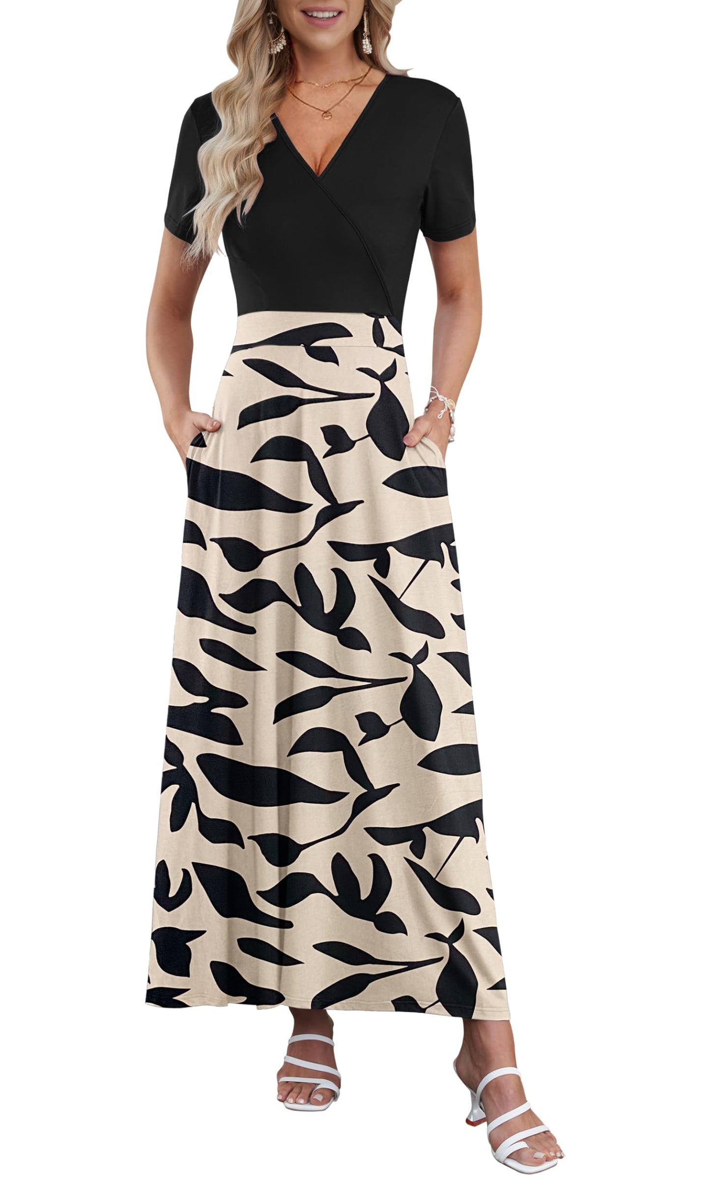 AUSELILY Maxi Dresses for Women Ankle Length Floral Print Beach Long Flowy Dress with Pockets